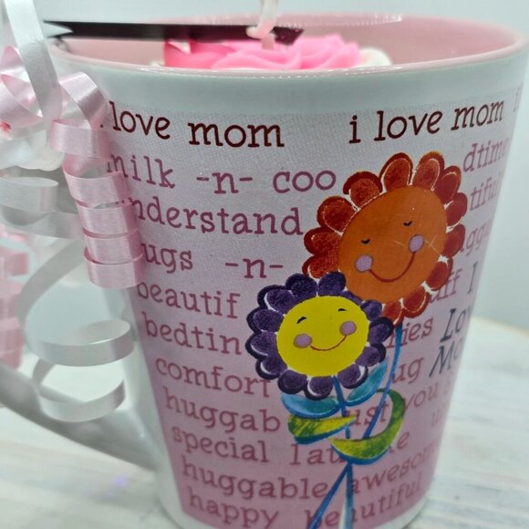 I Love Mom ✦ Ceramic Mug Candle ✦ Pink Rose Wax w/ Affirmation Wrap Handmade NWT - Picture 5 of 9